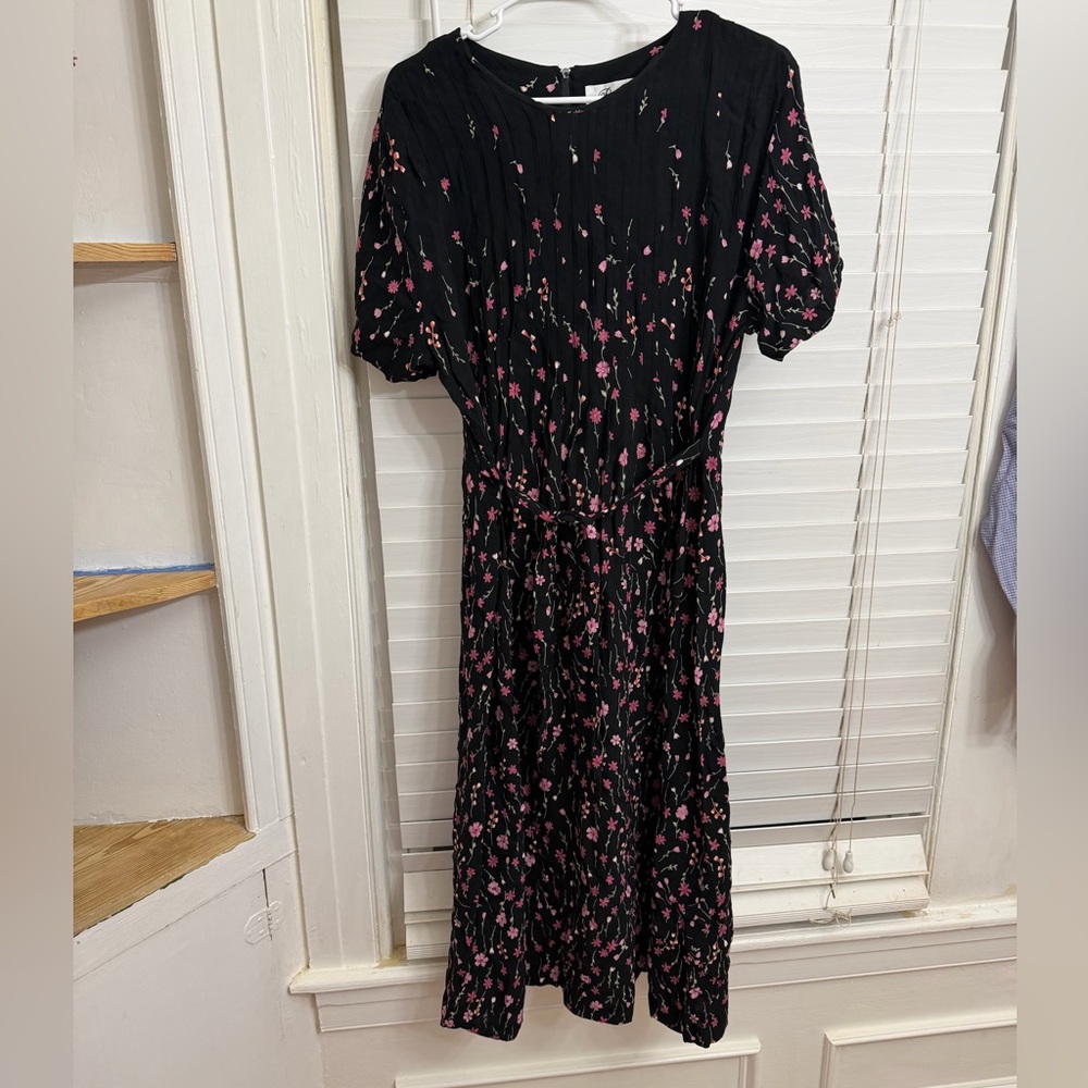 Chic Black Midi Dress with Pink Floral Design